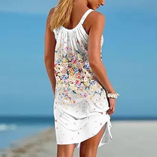 Обичен фустан на плажа за жени случајни цветни печатени печатени сандери шпагети каиш лажичка без ракави фустани за жени за жени
