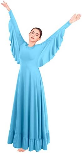 Owlfay женски ангелски крилја литургиски пофалби танцувачки фустан со цврста руфла лабава вклопена во целосна должина црковна танцова облека