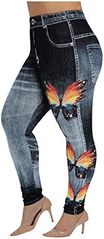 Меки тексас печатени џегингс за жени со високи половини лажни фармерки со џебови, високи половини јога панталони