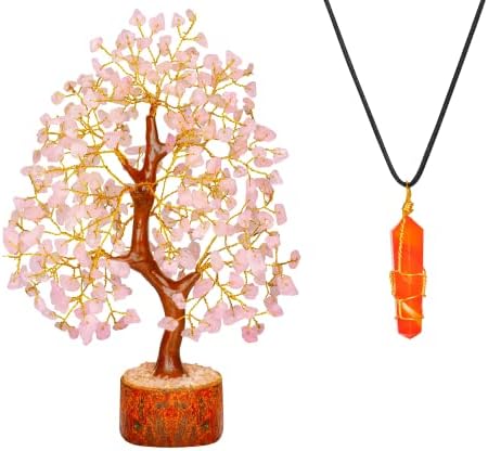 Модаади Фенг Шуи дрво, кристали од розово кварц - декор на кристална соба, дрво од скапоцен камен - ѓердан од чакра - Рачно изработен ѓердан