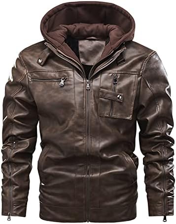 Кожни јакни Xiaxogool, машка кожна кожна мотоцикл јакни водоотпорни гроздобер бомбаш јакна палто со отстранлив аспиратор
