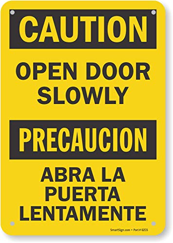 SmartSign „Внимание - отворена врата полека“ двојазична етикета | 10 x 14 ламинат винил