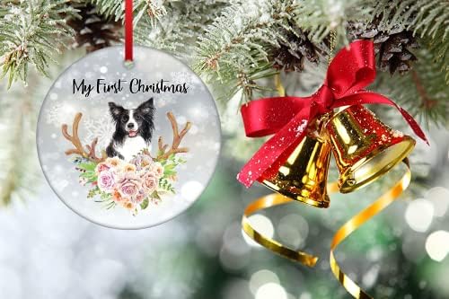 Бела црна граница на елката елка што висат украс, кучиња кучешки украс, двострана керамичка висечка украс, прва Божиќна кучиња