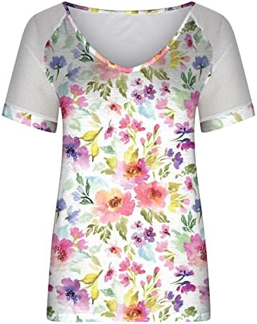 Обични маички со вратот за жени за жени летни мрежи со кратки ракави врвни основни маички за печатење маички врвови
