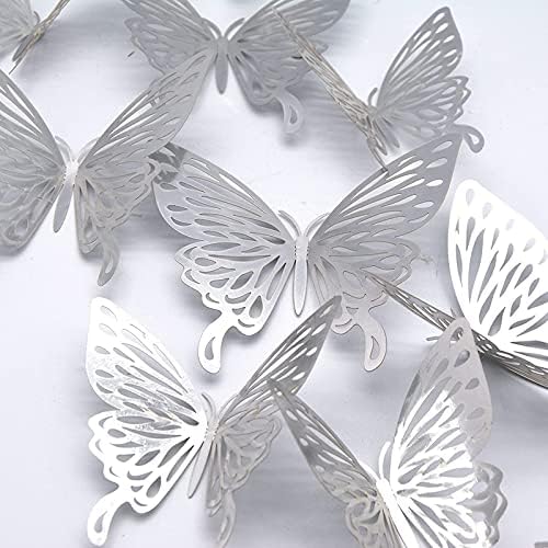 3Д налепници за butterидови од пеперутка, Cayuden 24 парчиња 3 големини сребрена пеперутка украси на wallидни декор налепници