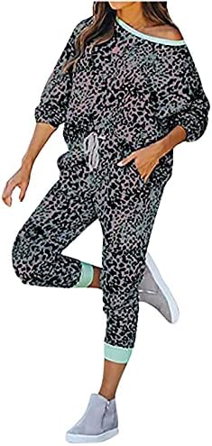 HCJKDU женски пижами од леопард печати поставени 2 парчиња лежерни о-вратови со долги ракави, панталони за прицврстување на панталони за спиење, костум за облека за сп?