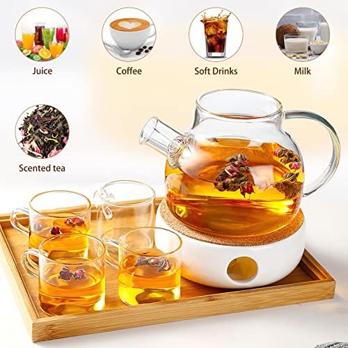 Стакло чајник Стопетоп и микробранова безбедна ， топлински изолирано боросиликатно стакло чајник со вода со дрвен капак и отстранлив