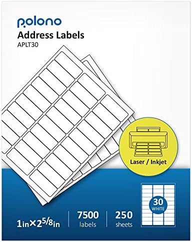 Етикети со адреси, 1 x 2-5/8 Етикети за испорака за печатачи за инк-џет и ласер, етикети од 7500, етикети со 250 листови, етикети