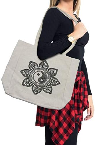 Амбесон-црно-бела кеса за купување, мандала јин и јанг цветаат природа украсен дизајн на ливчиња, еко-пријателска торба за еднократна употреба