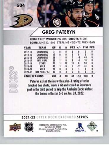 2021-22 Горна палуба Продолжена 504 Грег Патерин Анхајм патки NHL картичка за трговија со хокеј