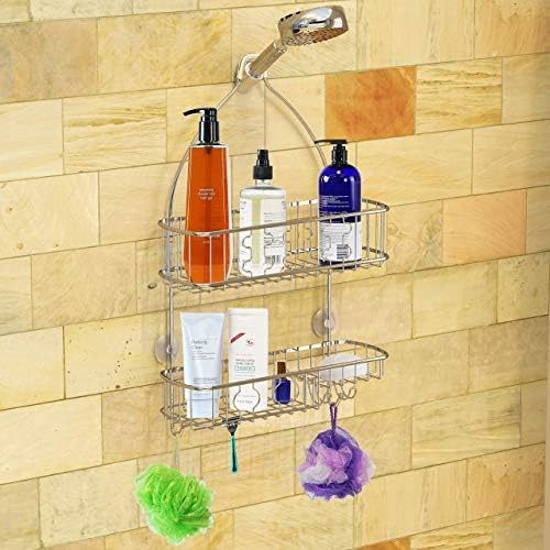 Едноставна куќичка за бања што виси глава за туширање Кади организатор + мултифункционални 6 слотови држач за четкичка за заби, хром
