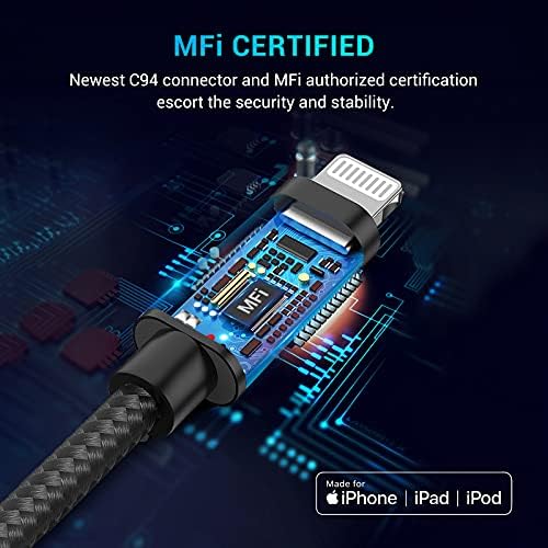 Elktry USB C до молња кабел MFI сертифициран, кабел за полнач со долги iPhone од 3 пакети 6ft, најлонски кабел за брзо полнење