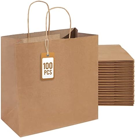 Paicuike 100 парчиња 11 × 5,9 × 11 инчи, кеси за подароци од квадратна хартија со рачка, кесички корта, торби за забави за забави, рефус
