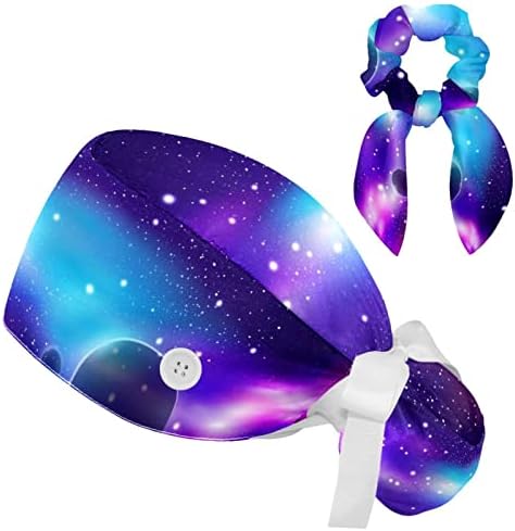 Galaxy Chanturse Moon Stars Работно капаче со копче за џемпери, прилагодлива вратоврска назад буфан капи со Scrunchie