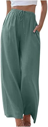 Lcziwo Постелни панталони за жени обични лабави високи еластични половини памучни палацо широки нозе долги панталони со џебови