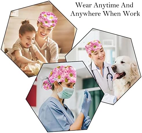 2 парчиња медицинска сестра за чистење капаци жени долга коса, розови маргаритки цвеќиња романтично прилагодливо работно капаче со копче