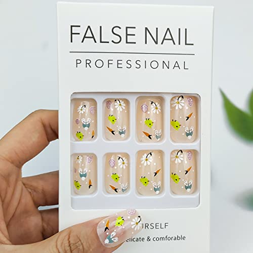 Xielime Велигденски печат на ноктите за жени лажни нокти кратки симпатични зајаче маргаритка со пилешко целосна покривка лажни