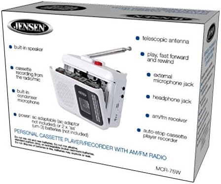 Јенсен MCR -75 личен преносен преносен AM/FM радио касети/рекордер Компактен лесен дизајн и вграден звучник - Бело