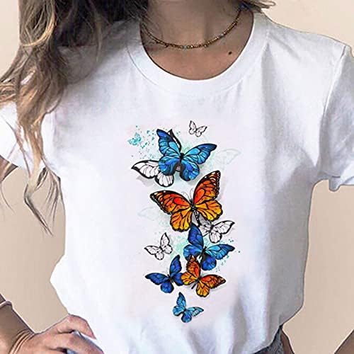 Летна Женска Маица За Печатење Пеперутки Трендовски Врвови Со Кружен Врат Со Кратки Ракави Секојдневни Слатки Графички Блузи Удобна Лабава