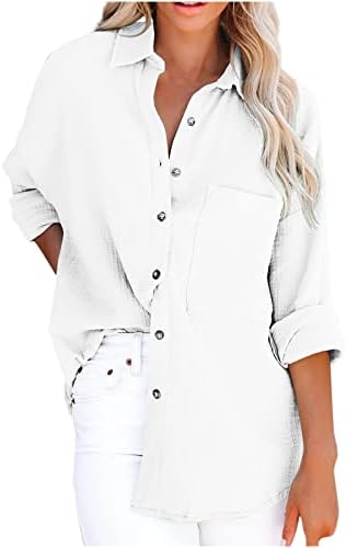 Classените класични блузи со цврста боја, случајно копче со долги ракави, надолу на кардиганските врвови плус големина со џебни