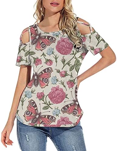 Кошула за блуза за дами без ретроспективно лизгање со краток ракав ладен рамо брод вратот пеперутка цветни графички бренд врвот одд