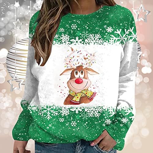 Божиќна снегулка џемпер жени Симпатична кошула за печатење ирваси за печатење Божиќ плус големина Раглан со долг ракав за празник на врвови