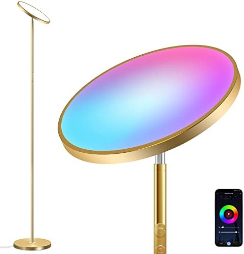 Златната подна ламба, Smart RGBCW LED стоење на ламбата работи со Alexa Google Home, 25W Super Bright Modern Modern LED Torchiere, подот за