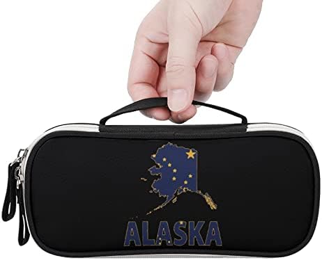 Преносна торбичка со знаме на мапа на Алјаска, голема капацитет за пенкало, козметичка торба за шминка за шминка за шминка