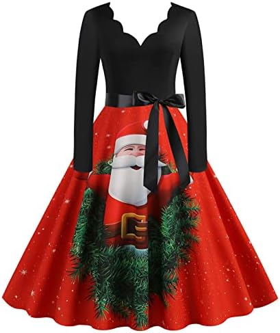 Женски моден печатење Божиќн секојдневен тенок фустан без ракави без ракави