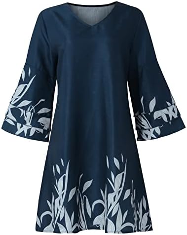 NOKMOPO Џемпер Фустан За Жени Мода Темперамент Елегантен Печатени V-Вратот 3/4 Ракави Мини Фустан