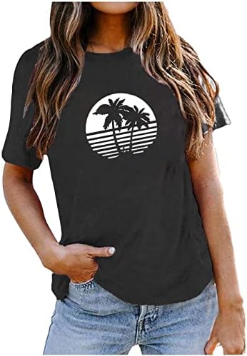 Кошули со палма за жени кои се наоѓаат на летни ракави со кратки ракави на вратот на Сонцето летен одмор за одмор маица блуза