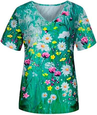 Девојки со кратки ракави памук vneck цвет графички лабава вклопена опуштена фит блуза кошула есен летен маица за жени од