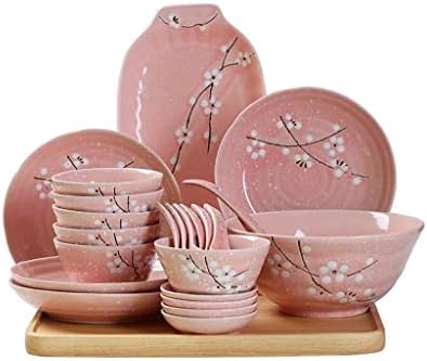 30 парчиња керамички уникатни сетови за вечера, плочи за вечера со керамички садови поставени за 4, рамен сад со розова шема на цреша од цреша