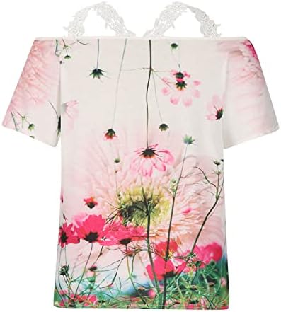 Женски чипка ладно рамо врвови Елегантна цветна чипка капчиња против маица за вратот моден принт за кратки ракави тунични блузи