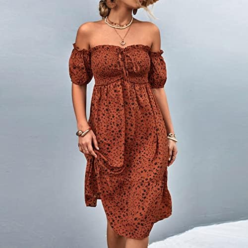 Фустани За Жени 2023 Мода Бохо Цветен Фустан Надвор Од Рамо Издувам Ракав Империја Половината Возбуда Плажа Миди Сарафан
