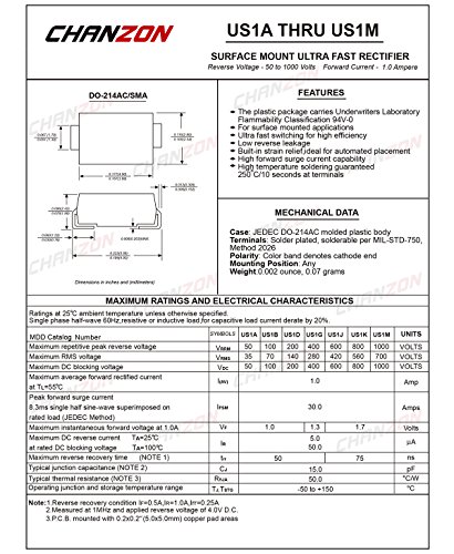 Chanzon US1M SMD Ultra Fast Recovery Rectifier Diode 1A 1000V 50-75NS SMA 1 AMP 1000 Volt Електронски диоди