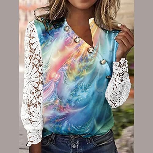 Womenените типови врвови облечени обични плус големина бохо цветни кошули летни модни чипка шупливи долги ракави со маици со врат од вратот