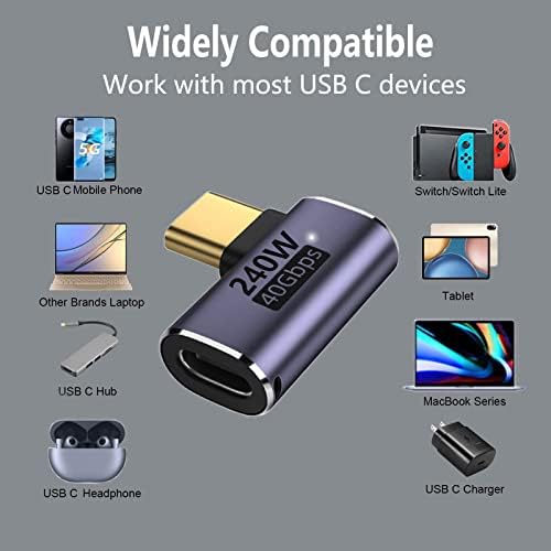 Adapter yunkozand USB C 90 степени, USB C адаптер за десен агол со 40 Gbps PD 240W 8K@60Hz Видео полнење, компатибилен за MacBook Pro/Air,