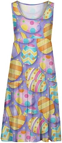 Велигденски фустан за печатење со јајца за жени 2023 лето летен случај во бохо фустан со рафли без ракави со високи фустани на миди плажа фустани