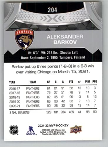 2021-22 Горна палуба МВП Сребрена скрипта #204 Александар Барков Флорида Пантерс Официјална картичка за хокеј во НХЛ во сурова состојба