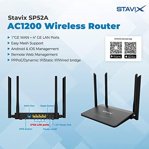Stavix AC1200 1200Mbps Dual Band Wireless Router Gigabit моќен со голема брзина на Интернет паметен wifi уред | 4 * GE Port | 4 * 5 DBI