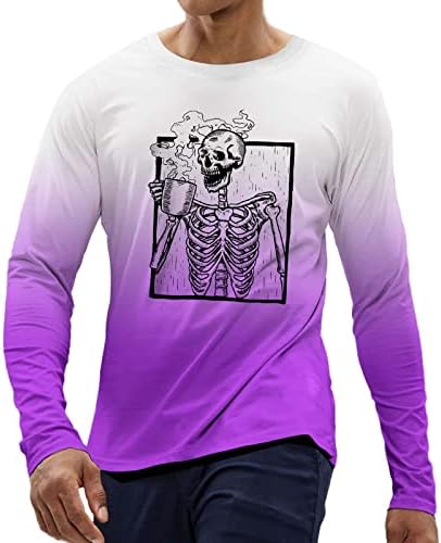 ЗДДО маици за Ноќта на вештерките за мажи со долг ракав смешен скелет за печатење градиент за забава маица мускула