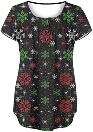 Womenените Божиќни маички со маички против вратот, проточни меки маици летни кратки ракави блуза скријте стомак лабави врвови
