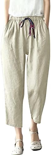 Широки нозе, пански дами памучни постелнина еластична половината лабава обични панталони летни ретро тенок чипка симпатична џемпери