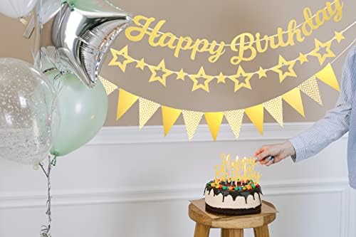 4 ПАРЧИЊА Среќен Роденден Декорација Сет-Злато Среќен Роденден Торта Топер/Злато Блескав Роденден Знак Големи Букви Банна/Триаголник