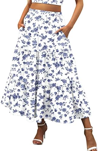 Проточен плетенка миди здолништа за жени летни обични здолништа Бохо со џебови цврсто макси здолниште со високи половини занишано