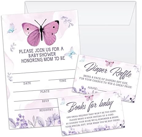 Виолетова Пеперутка Бебе Туш Покана Картички Со Коверти, Пелени Томбола Билети, Бебе За Книга 100 парче во собата, Родово Откривање Партија