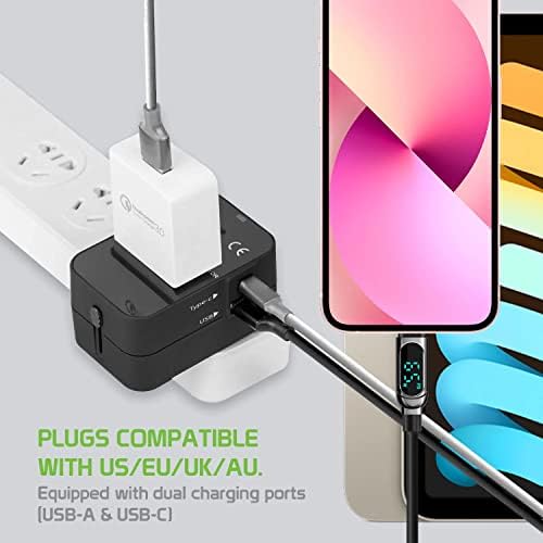 Travel USB Plus Меѓународен адаптер за напојување компатибилен со Samsung SM-E500F за светска моќ за 3 уреди USB Typec, USB-A