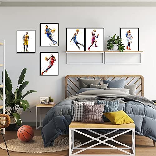 Сет од 6 постер за кошаркари Jamesејмс Кари Харден Вестбрук Ентони Акварејл Wallидна уметност платно, постери за тема на тема