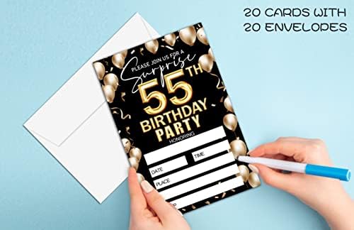 55 -та покана за роденден - покана за црно -злато роденден - роденденски покани идеи за возрасна жена и маж - 20 Пополнети картички за